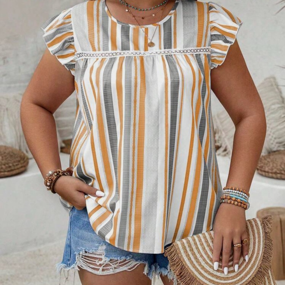 Striped Ruffle Sleeve Blouse - Orange, Gray, White